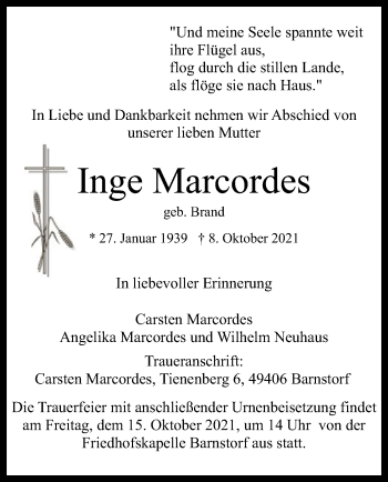 Traueranzeige von Inge Marcordes von SYK