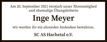 Traueranzeige von Inge Meyer von SYK