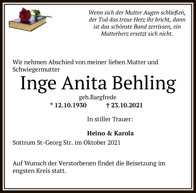  Traueranzeige für Inge Anita Behling vom 27.10.2021 aus SYK