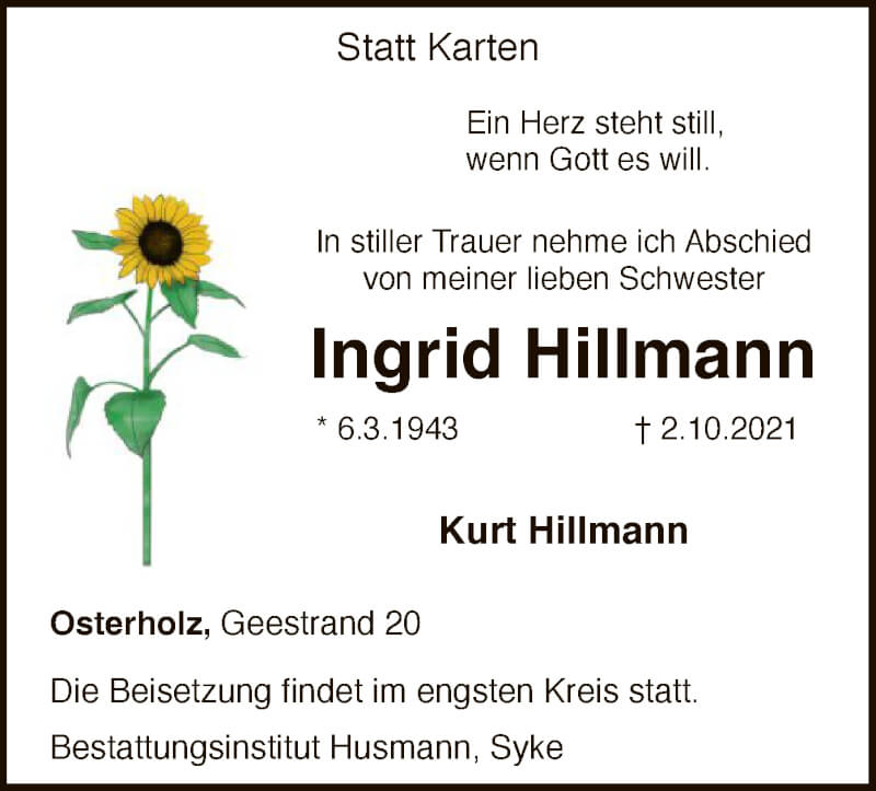  Traueranzeige für Ingrid Hillmann vom 09.10.2021 aus SYK