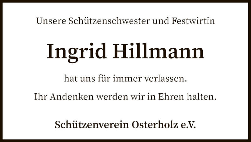  Traueranzeige für Ingrid Hillmann vom 09.10.2021 aus SYK