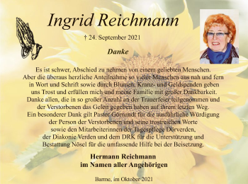 Traueranzeige von Ingrid Reichmann von SYK