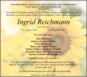 Traueranzeige von Ingrid Reichmann von SYK