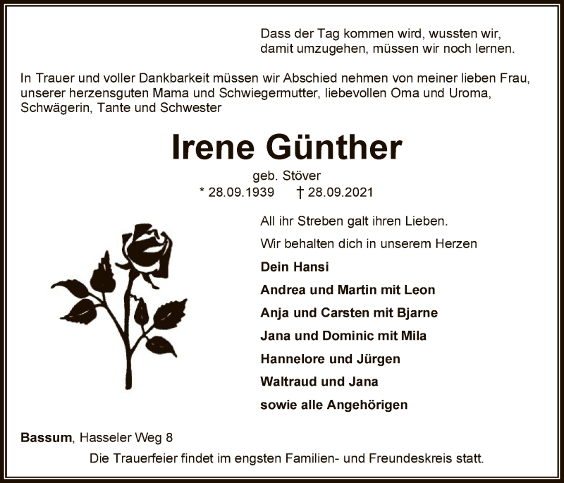  Traueranzeige für Irene Günther vom 02.10.2021 aus SYK