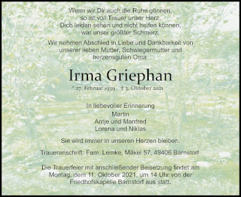 Traueranzeige von Irma Griephan von SYK