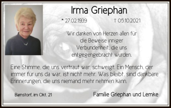 Traueranzeige von Irma Griephan von SYK