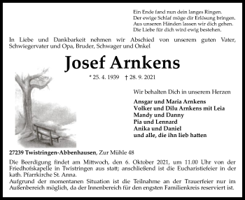 Traueranzeige von Josef Arnkens von SYK