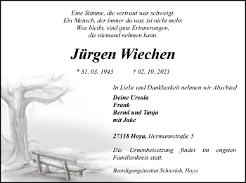 Traueranzeige von Jürgen Wiechen von SYK