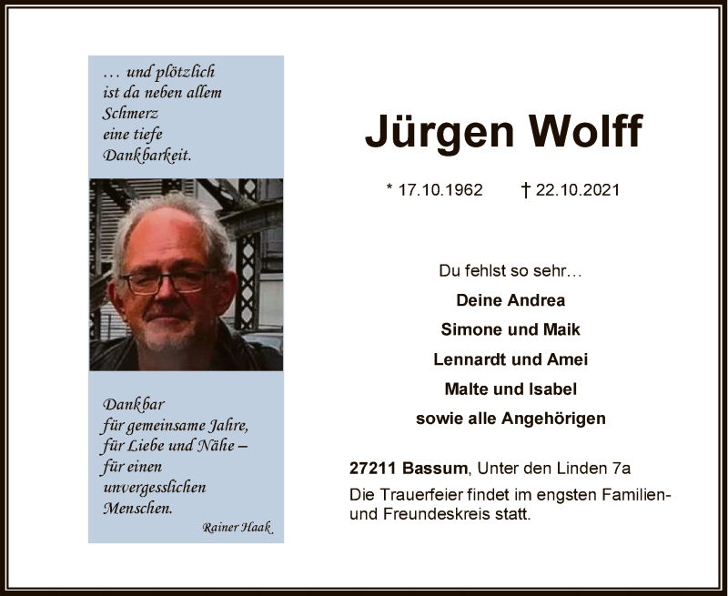  Traueranzeige für Jürgen Wolff vom 30.10.2021 aus SYK