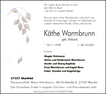 Traueranzeige von Käthe Warmbrunn von SYK