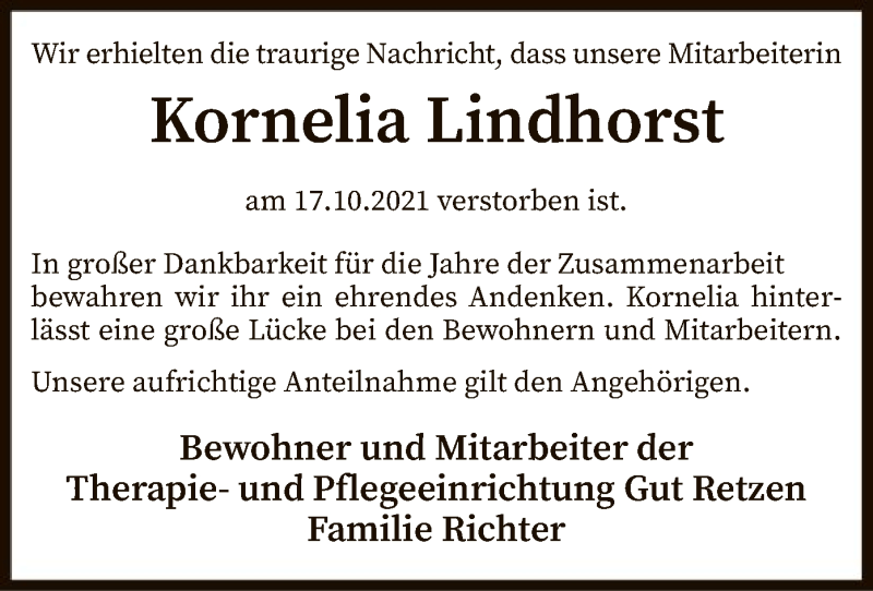  Traueranzeige für Kornelia Lindhorst vom 26.10.2021 aus SYK