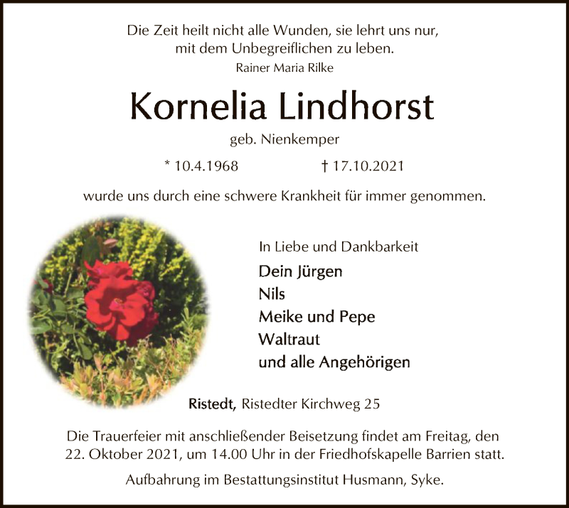  Traueranzeige für Kornelia Lindhorst vom 21.10.2021 aus SYK