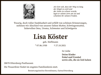 Traueranzeige von Lisa Köster von SYK