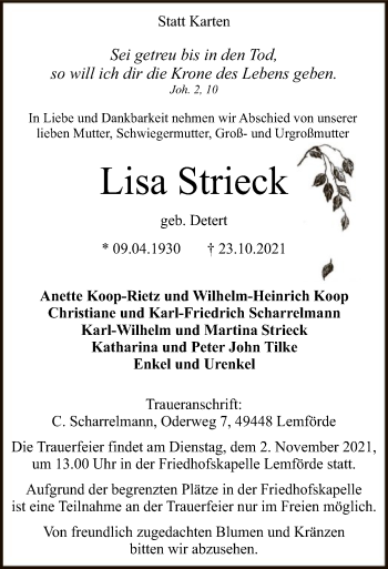 Traueranzeige von Lisa Strieck von SYK