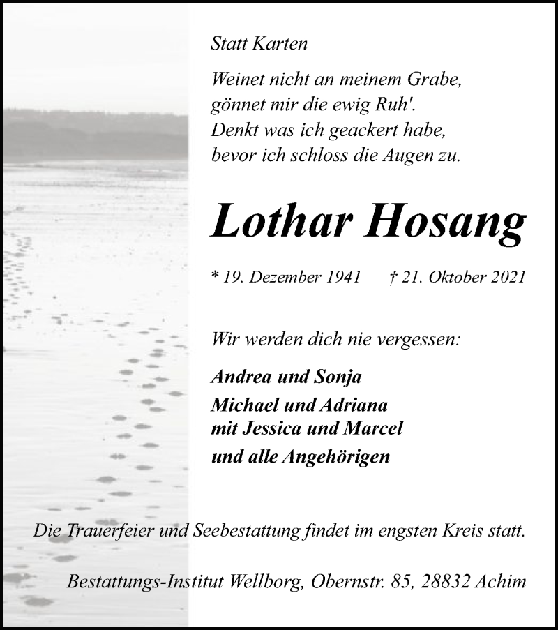  Traueranzeige für Lothar Hosang vom 30.10.2021 aus SYK