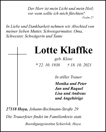 Traueranzeige von Lotte Klaffke von SYK