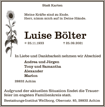 Traueranzeige von Luise Bölter von SYK