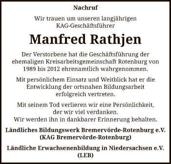 Traueranzeige von Manfred Rathjen von SYK