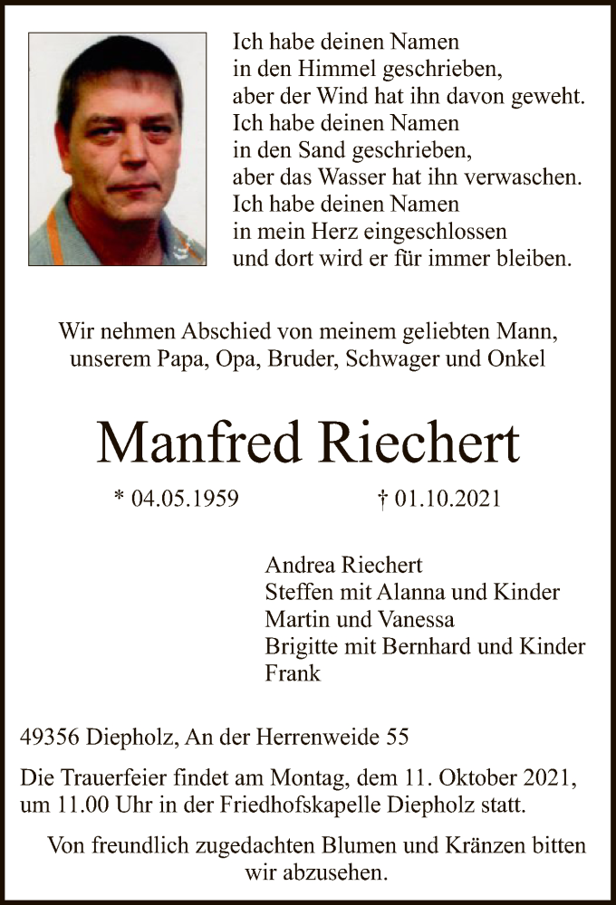  Traueranzeige für Manfred Riechert vom 06.10.2021 aus SYK