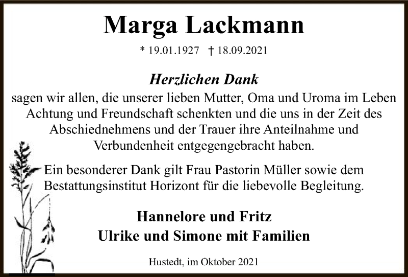  Traueranzeige für Marga Lackmann vom 28.10.2021 aus SYK