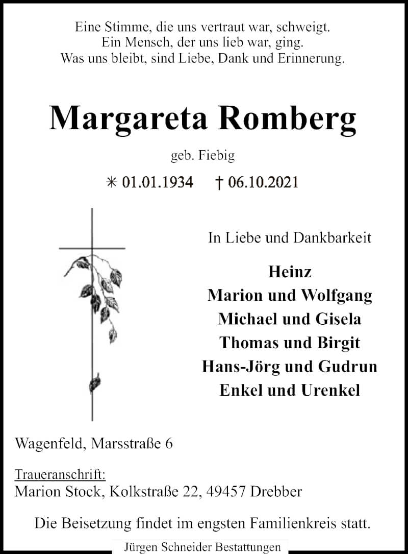  Traueranzeige für Margareta Romberg vom 09.10.2021 aus SYK