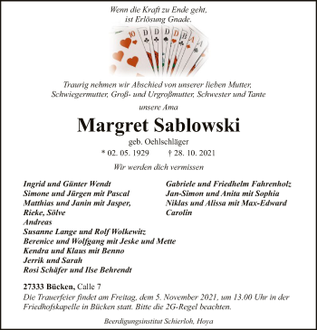 Traueranzeige von Margret Sablowski von SYK