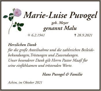 Traueranzeige von Marie-Luise Puvogel von SYK