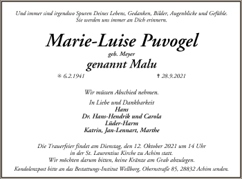 Traueranzeige von Marie-Luise Puvogel von SYK