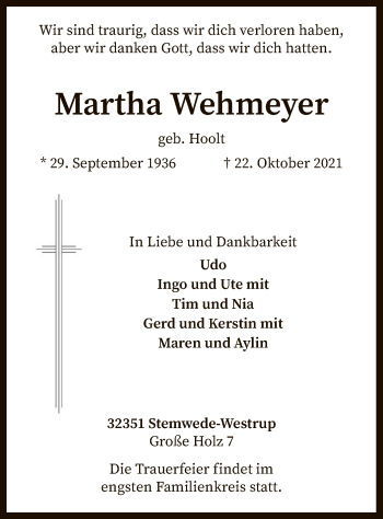 Traueranzeige von Martha Wehmeyer von SYK