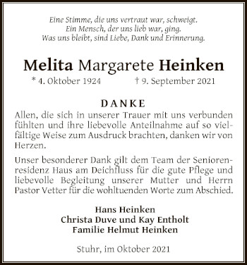 Traueranzeige von Melita Margarete Heinken von SYK