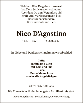 Traueranzeige von Nico DAgostino von SYK