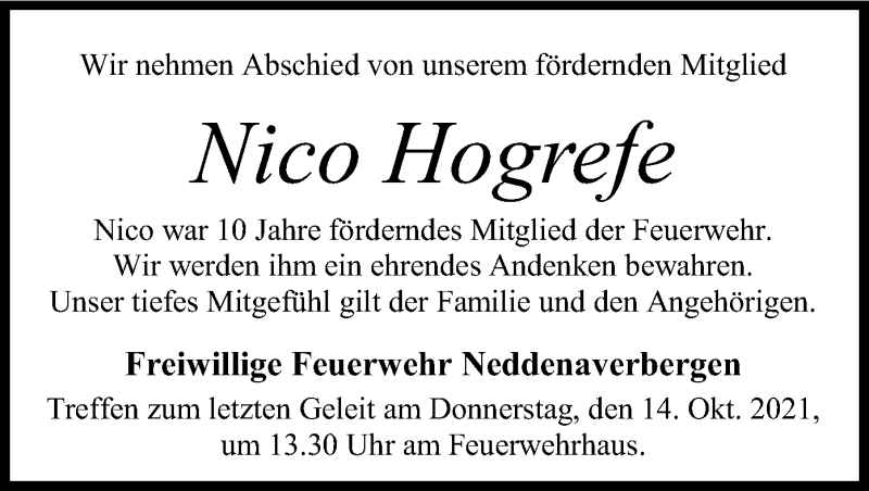  Traueranzeige für Nico Hogrefe vom 12.10.2021 aus SYK