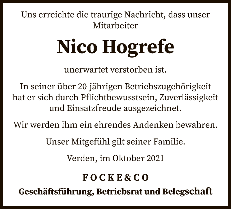  Traueranzeige für Nico Hogrefe vom 14.10.2021 aus SYK