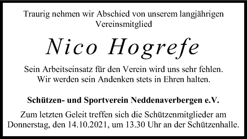  Traueranzeige für Nico Hogrefe vom 12.10.2021 aus SYK