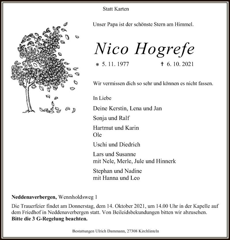  Traueranzeige für Nico Hogrefe vom 12.10.2021 aus SYK