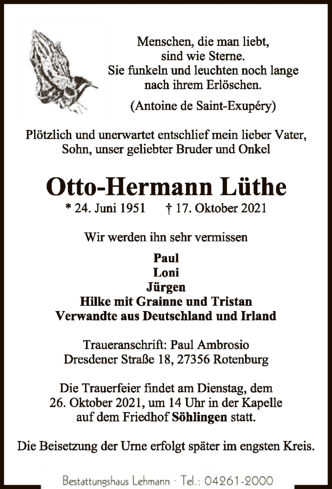  Traueranzeige für Otto-Hermann Lüthe vom 21.10.2021 aus SYK