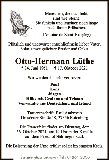 Traueranzeige von Otto-Hermann Lüthe von SYK