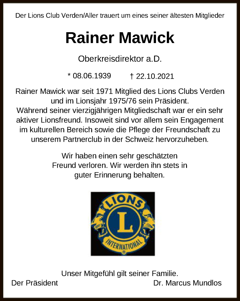  Traueranzeige für Rainer Mawick vom 30.10.2021 aus SYK