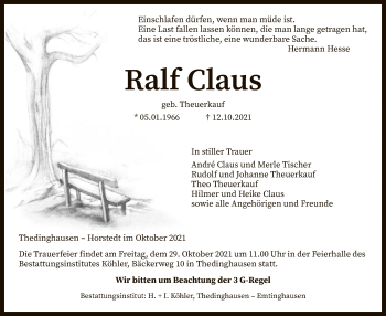 Traueranzeige von Ralf Claus von SYK