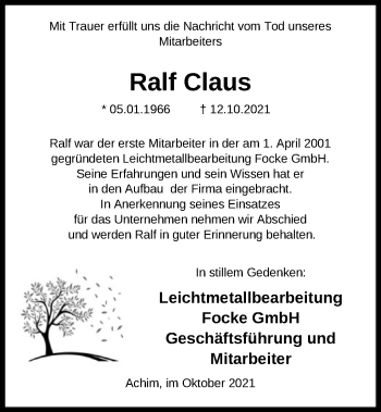 Traueranzeige von Ralf Claus von SYK