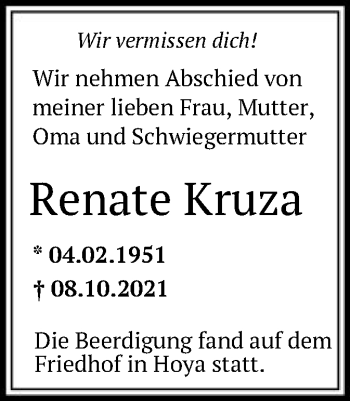 Traueranzeige von Renate Kruza von SYK