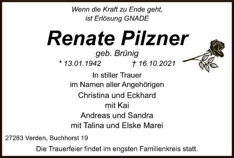  Traueranzeige für Renate Pilzner vom 23.10.2021 aus SYK