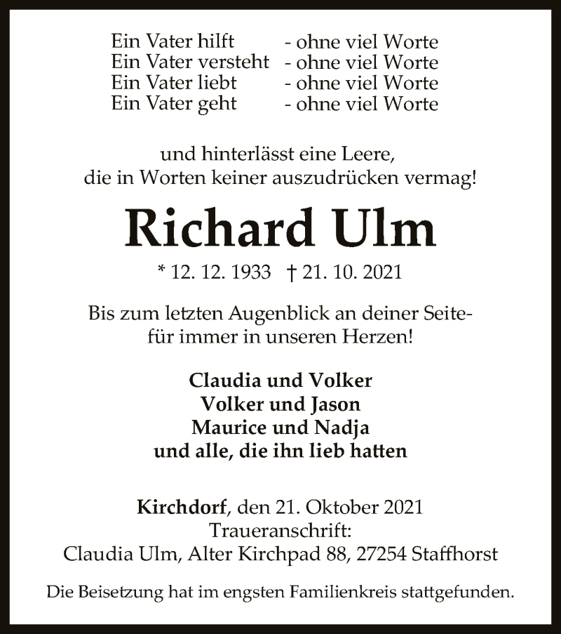  Traueranzeige für Richard Ulm vom 30.10.2021 aus SYK