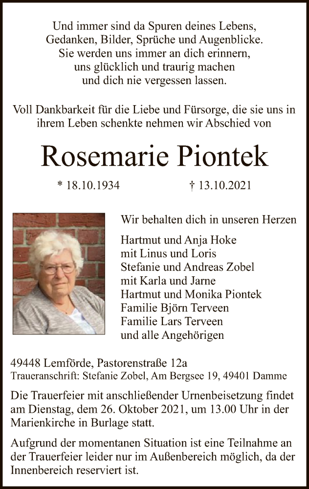  Traueranzeige für Rosemarie Piontek vom 16.10.2021 aus SYK