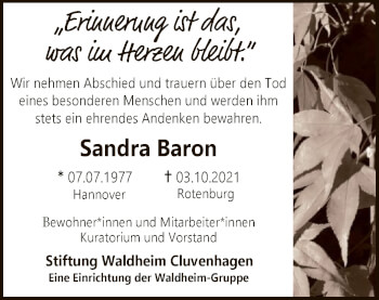 Traueranzeige von Sandra Baron von SYK