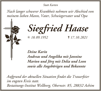 Traueranzeige von Siegfried Haase von SYK