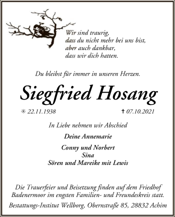 Traueranzeige von Siegfried Hosang von SYK