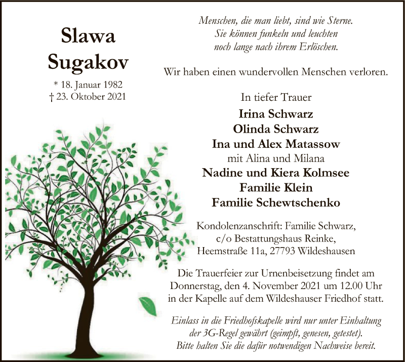  Traueranzeige für Slawa Sugakov vom 30.10.2021 aus SYK