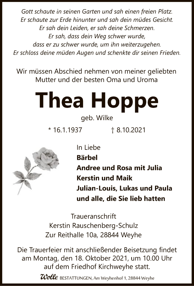  Traueranzeige für Thea Hoppe vom 16.10.2021 aus SYK