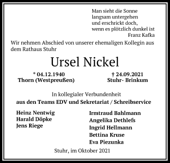 Traueranzeige von Ursel Nickel von SYK